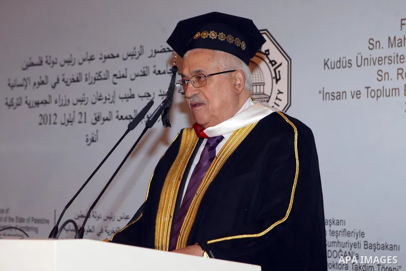 Palestinian President Mahmoud Abbas ( Abu Mazen ) speaks during a ceremony in Ankara on September 21, 2012. Turkish Prime Minister Recep Tayyip Erdogan was awarded an honorary doctorate degree from Palestine's Al-Quds Un...