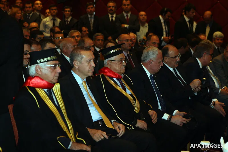 Turkish Prime Minister Recep Tayyip Erdogan and president of Palestine Mahmoud Abbas attend a ceremony in Ankara on September 21, 2012. Turkish Prime Minister Recep Tayyip Erdogan was awarded an honorary doctorate degree...