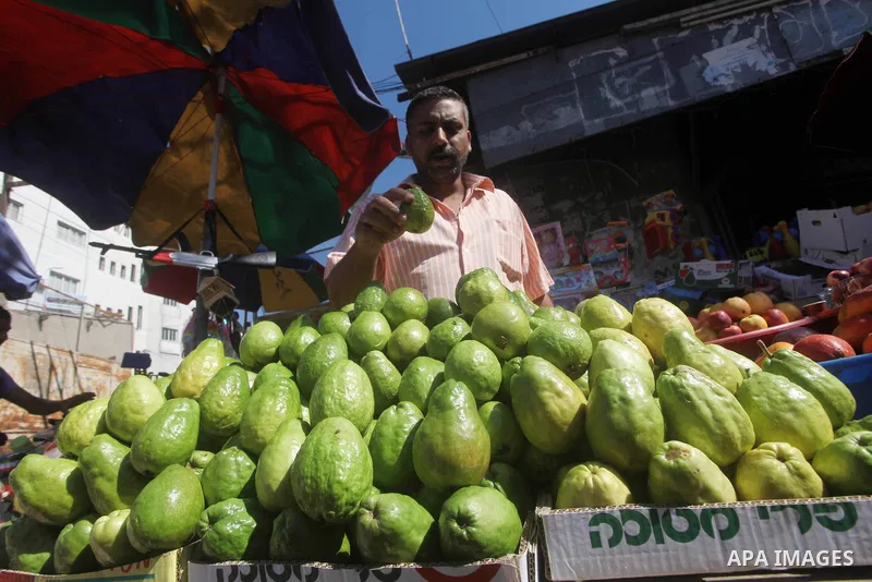 A Palestinian vendor displays fruits at a market in Gaza city, Sept. 23, 2012. The ministry of agriculture in Gaza government decided stop import fruits from Israel except apples and bananas to support the local fruits p...