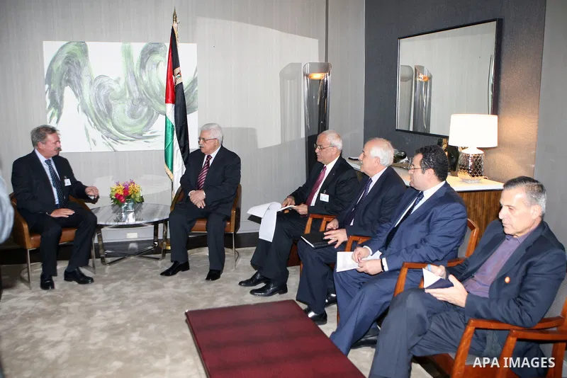 Palestinian President Mahmoud Abbas meets with the Prime Minister of Luxembourg Jean Asselborn, in New York, on Sept. 24, 2012. Photo by Thaer Ganaim