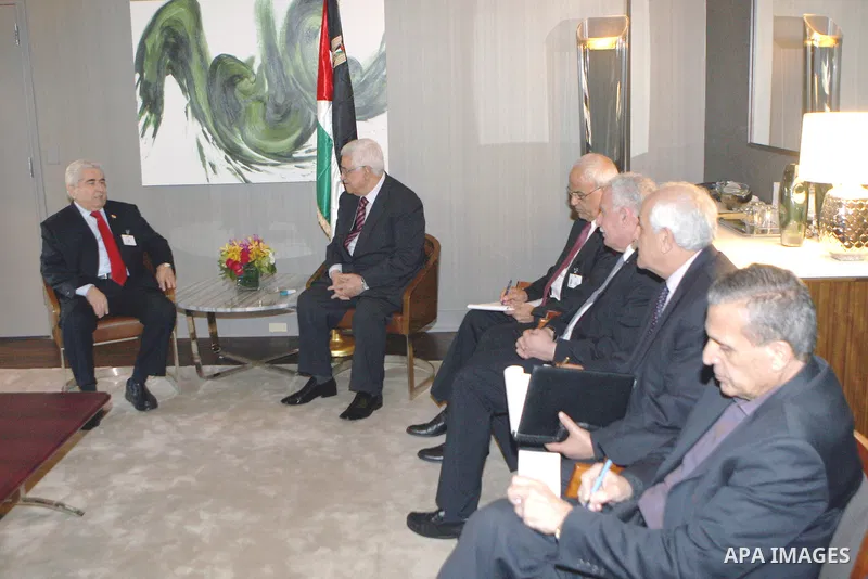 Palestinian President Mahmoud Abbas meets with the Cypriot President, Demetris Christofias, in New York, on Sept. 24, 2012. Photo by Thaer Ganaim