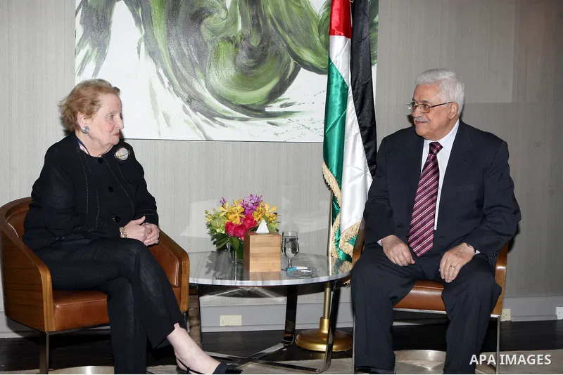 Palestinian President Mahmoud Abbas meets with Madeleine Albright, in New York, on Sept. 24, 2012. Photo by Thaer Ganaim