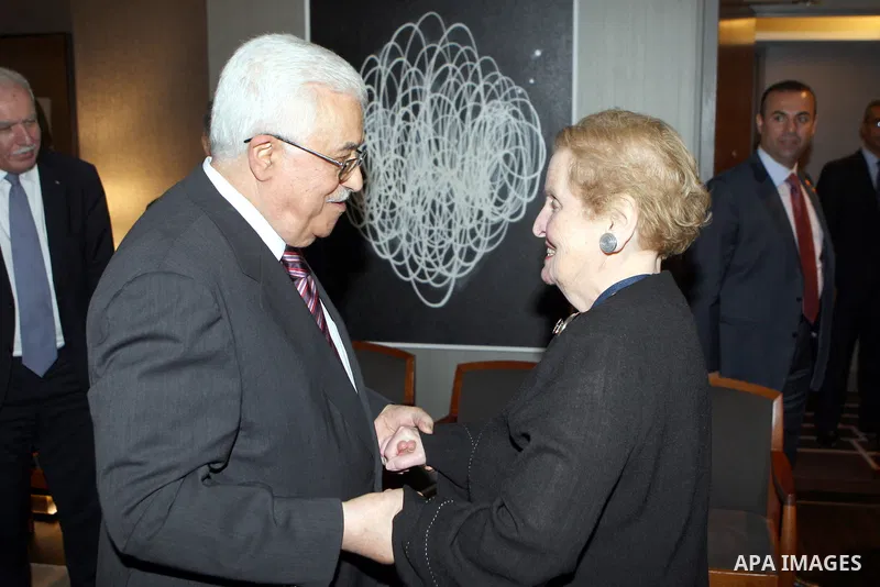 Palestinian President Mahmoud Abbas meets with Madeleine Albright, in New York, on Sept. 24, 2012. Photo by Thaer Ganaim