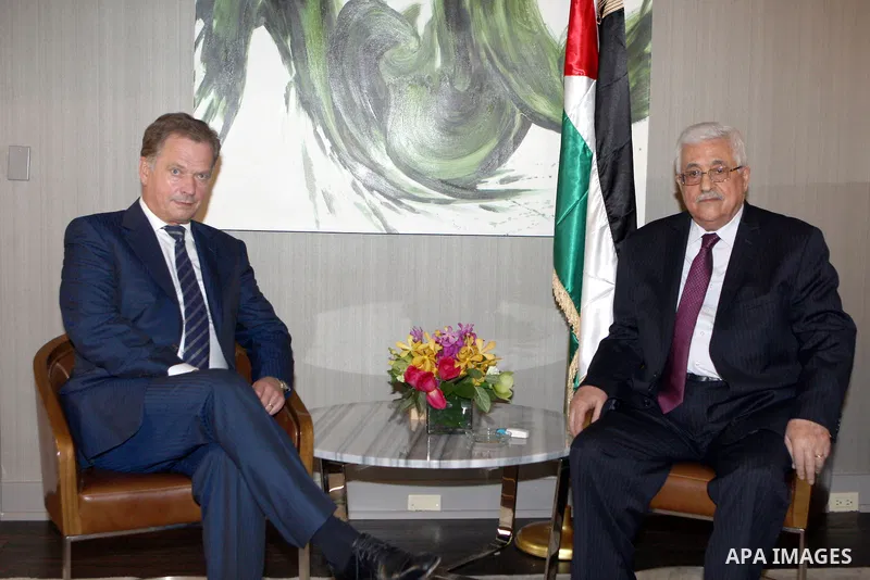 Palestinian President Mahmoud Abbas (Abu Mazen) meets with the President of Finland Sauli Niinisto in New York on Sept. 26, 2012. Photo by Thaer Ganaim