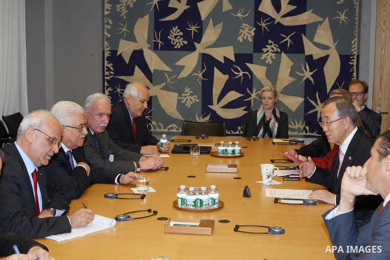 Palestinian President Mahmoud Abbas (Abu Mazen), meets with UN Secretary-General Ban Ki-moon in New York on Sept. 26, 2012. Photo by Thaer Ganaim