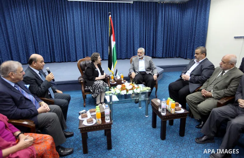 Palestinian Prime Minister in Gaza Strip Ismail Haniyeh, receives a delegation from the International confederation of democratic lawyers in Gaza City, on Sep. 27, 2012. Photo by Mohammed Al Ostaz