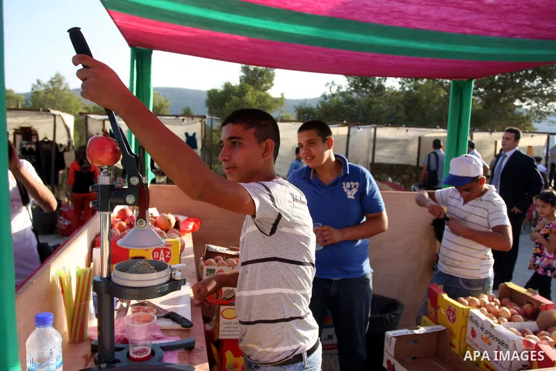 A Palestinian youth squeezes pomegranate fruits during the pomegranate festival in the village of Ein Arik near the West Bank city of Ramallah, Sept. 27, 2012. Photo by Issam Rimawi