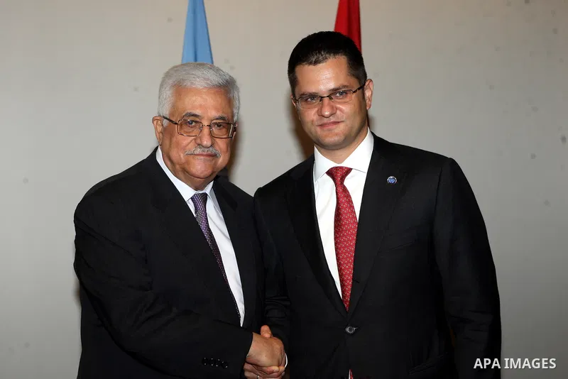Palestinian President Mahmoud Abbas (Abu Mazen), meets with President of the General Assembly of the United Nations Vuk Jeremic, in New York on Sept. 27, 2012. Photo by Thaer Ganaim