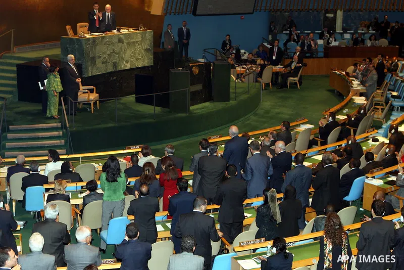 Palestinian President Mahmoud Abbas receives a standing ovation after his address the 67th session of the United Nations General Assembly on September 27, 2012 at U.N. headquarters. Photo by Thaer Ganaim