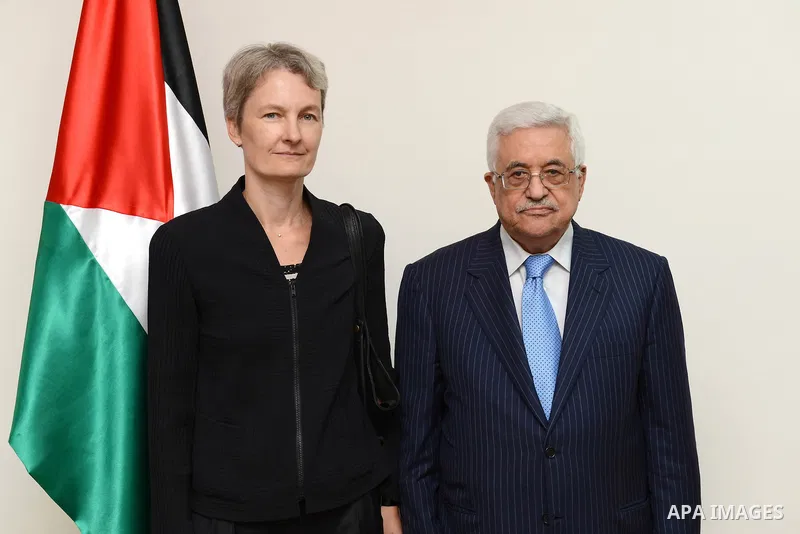 Palestinian President Mahmoud Abbas (Abu Mazen) accepts the credentials of Ms. Barbara Vuav Representative of the Federal Republic of Germany to the Palestinian National Authority in the West Bank city of Ramallah on Oct...