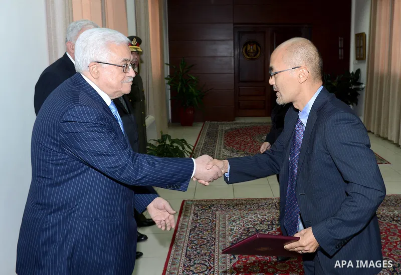 President Mahmoud Abbas (Abu Mazen) accepts the credentials of Mr. Junia Mtsora Representative of Japan to the Palestinian National Authority in the West Bank city of Ramallah on Oct. 08, 2012. Photo by Thaer Ganaim