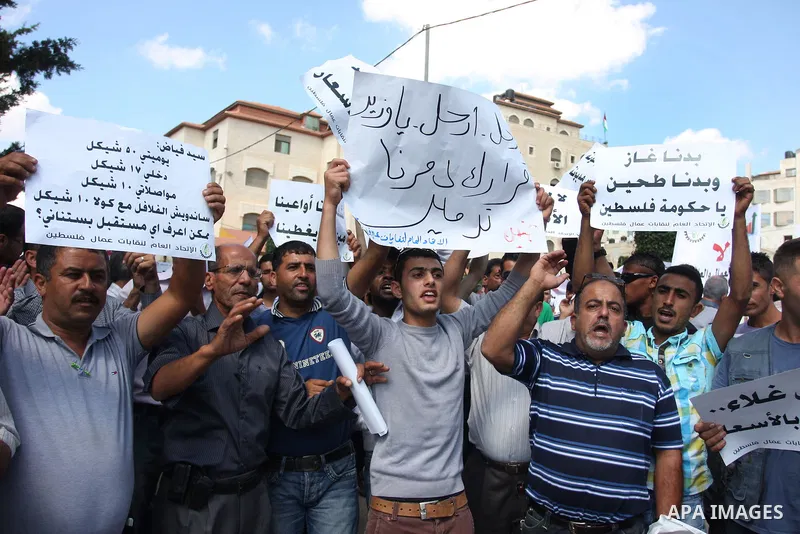 Palestinian workers demonstrate in front of the Council of Ministers during a protest the value of the minimum wage 1450 shekels, in the West Bank city of Ramallah, on Oct. 09, 2012. Photo by Issam Rimawi