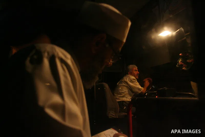 Palestinian pilgrims sit in buses as they wait to cross the Rafah border crossing into Egypt , in the southern Gaza Strip town of Rafah on Oct. 09, 2012 . Hundreds of Palestinian pilgrims crossed into Egypt on their way...