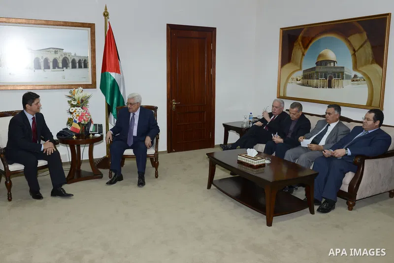 Palestinian President Mahmoud Abbas meets with Romanian Foreign Minister Titus Corlatean, in the West Bank city of Ramallah, Oct. 10, 2011. Corlatean is on an official visit to the region. Photo by Thaer Ganaim
