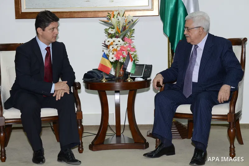 Palestinian President Mahmoud Abbas meets with Romanian Foreign Minister Titus Corlatean, in the West Bank city of Ramallah, Oct. 10, 2011. Corlatean is on an official visit to the region. Photo by Thaer Ganaim