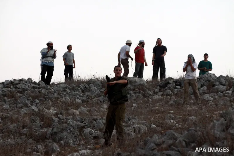Israeli settlers from Bracha settlement throw stones at Palestinian farmers from the West Bank village of Burin, north of Nablus, during clashes on October 10, 2012. Over 100 olive trees belonging to Palestinians in a We...