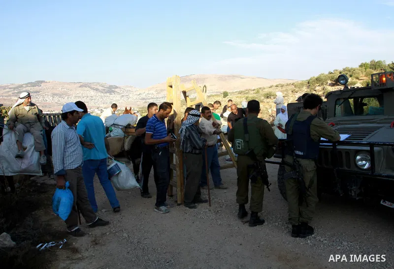 Israeli soldiers check Palestinians Identities as they make their way to harvest olive trees on the outskirts of the West Bank village of Salem, near the Jewish settlement of Elone Moreh, east of Nablus October 11, 2012....