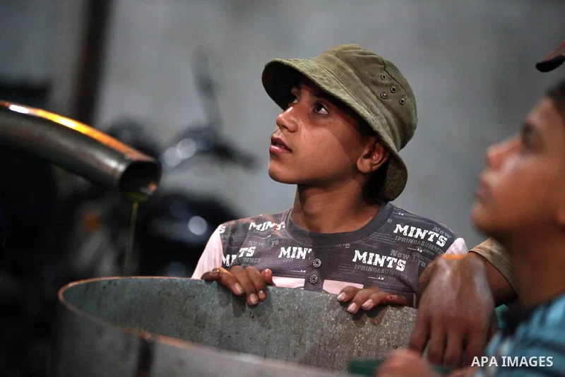 Palestinian children stand near olive press during producing olive oil in Gaza city on Oct. 12,2012 during the olive harvesting season. Agriculture is a major sector of the Palestinian economy, employing a large part Pal...