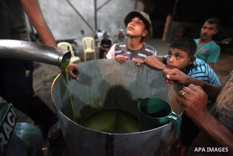Palestinian children stand near olive press during producing olive oil in Gaza city on Oct. 12,2012 during the olive harvesting season. Agriculture is a major sector of the Palestinian economy, employing a large part Pal...