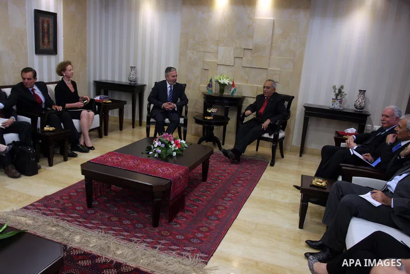 Palestinian Prime Minister Salam Fayyad meets with Brazilian foreign Minister Antonio Patriota, in the West Bank city of Ramallah on October 15, 2012. Photo by Issam Rimawi