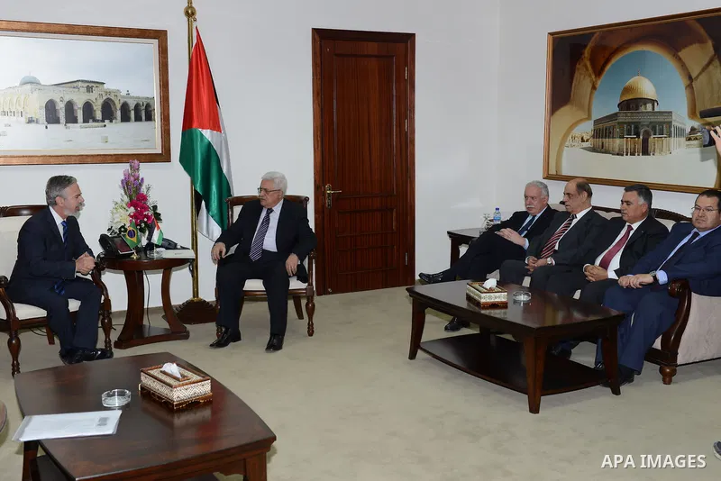 Palestinian President Mahmoud Abbas meets with Brazilian foreign Minister Antonio Patriota, in the West Bank city of Ramallah on October 15, 2012. Photo by Thaer Ganaim