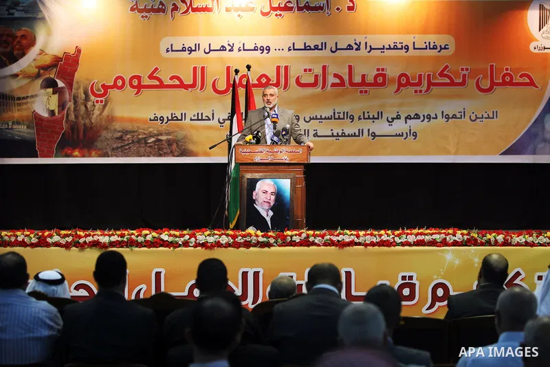 Palestinian Prime Minister in Gaza stip Ismail Haniyeh speaks during a ceremony to honor members of Gaza Government, in Gaza City on oct. 16, 2012 . Photo by Office of the Prime Minister's Media