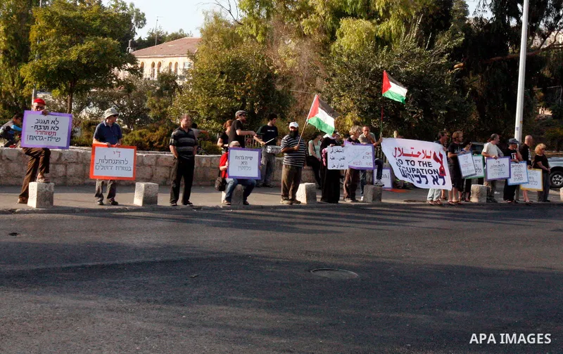 Palestinian and foreign activists hold Palestinian flags and placards during a protest against land confiscation in the neighborhood of Sheikh Jarrah in the east Jerusalem on Oct. 19, 2012. Photo by Mahfouz Abu Turk
