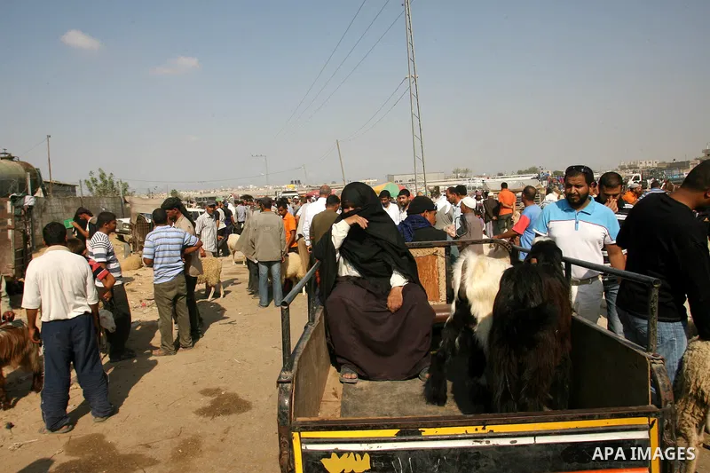 Palestinians trade goats at a local cattle market ahead of Muslim festival of Eid al-Adha, in Rafah in southern Gaza city, on October 20, 2012. Muslims around the world prepare to celebrate Eid Al-Adha, which according t...