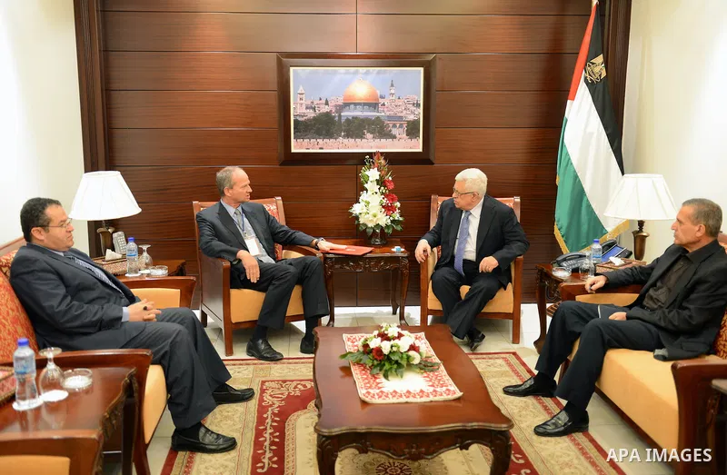 Palestinian President Mahmoud Abbas (Abu Mazen), meets with Norway's representative to the Palestinian National Authority in the West Bank city of Ramallah on Oct. 20, 2012. Photo by Thaer Ganaim