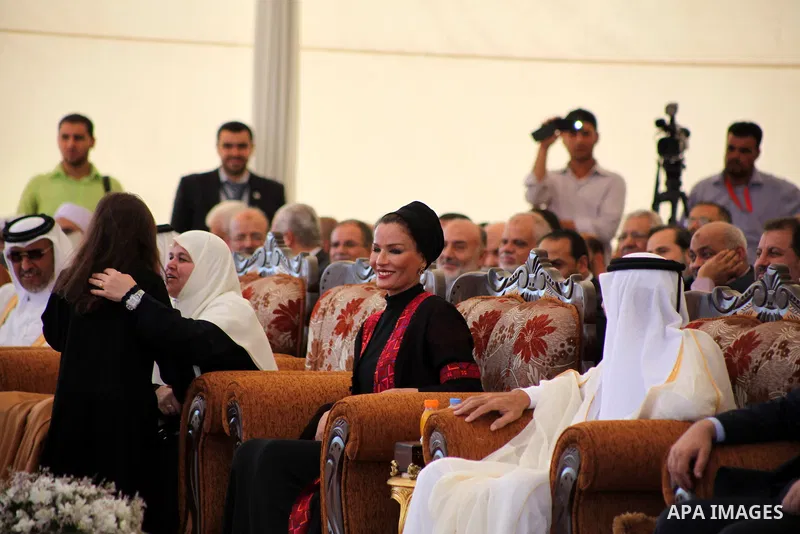 The Emir of Qatar Sheikh Hamad bin Khalifa al-Thani and his wife Sheikha Mozah bint Nasser al-Missned attend cornerstone laying ceremony for Hamad, a new residential neighbourhood in Khan Younis in the southern Gaza Stri...