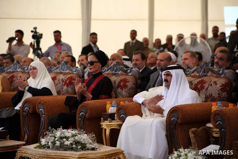 The Emir of Qatar Sheikh Hamad bin Khalifa al-Thani and his wife Sheikha Mozah bint Nasser al-Missned attend cornerstone laying ceremony for Hamad, a new residential neighbourhood in Khan Younis in the southern Gaza Stri...