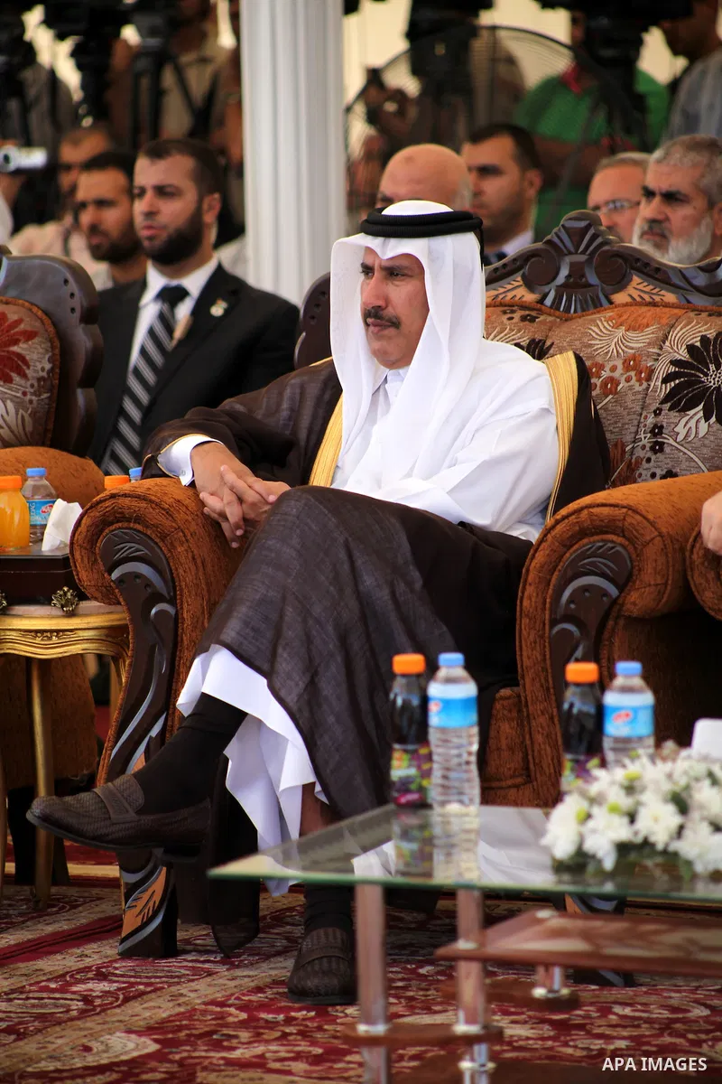 Qatar prime minister, Hamad bin Jaseem al-Thani attends a cornerstone laying ceremony for Hamad, a new residential neighbourhood in Khan Younis in the southern Gaza Strip, 23 October 2012. The Emir of Qatar entered the G...