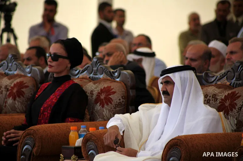 The Emir of Qatar Sheikh Hamad bin Khalifa al-Thani and his wife Sheikha Mozah bint Nasser al-Missned attend cornerstone laying ceremony for Hamad, a new residential neighbourhood in Khan Younis in the southern Gaza Stri...