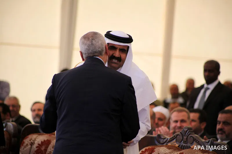 Palestinian Prime Minister in Gaza strip, Ismail Haniyeh and the Emir of Qatar Sheikh Hamad bin Khalifa al-Thani attend a cornerstone laying ceremony for Hamad, a new residential neighbourhood in Khan Younis in the south...