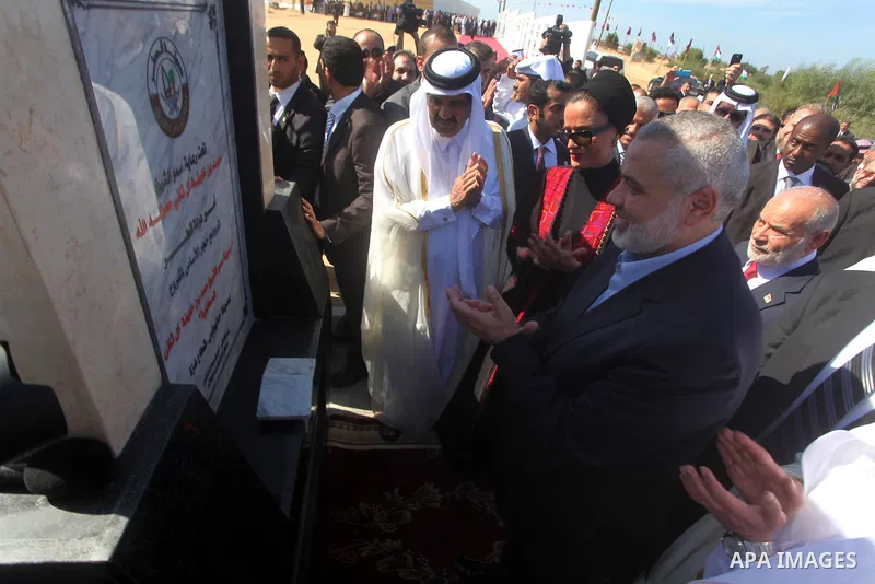 Palestinian Prime Minister in Gaza strip, Ismail Haniyeh and the Emir of Qatar Sheikh Hamad bin Khalifa al-Thani attend a cornerstone laying ceremony for Hamad, a new residential neighbourhood in Khan Younis in the south...