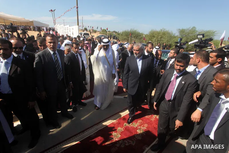 Palestinian Prime Minister in Gaza strip, Ismail Haniyeh and the Emir of Qatar Sheikh Hamad bin Khalifa al-Thani attend a cornerstone laying ceremony for Hamad, a new residential neighbourhood in Khan Younis in the south...