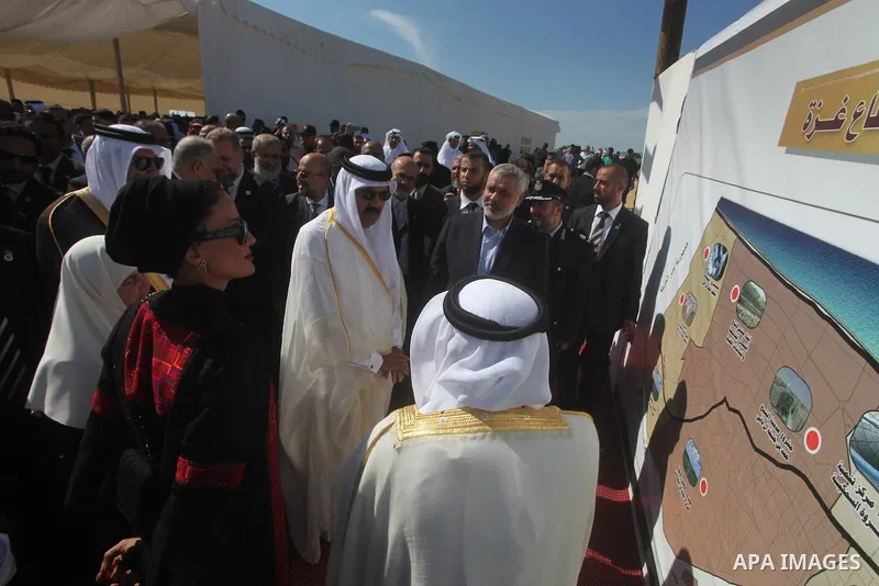 Palestinian Prime Minister in Gaza strip, Ismail Haniyeh and the Emir of Qatar Sheikh Hamad bin Khalifa al-Thani attend a cornerstone laying ceremony for Hamad, a new residential neighbourhood in Khan Younis in the south...