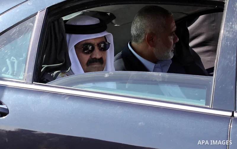 Palestinian Prime Minister in Gaza strip, Ismail Haniyeh and the Emir of Qatar Sheikh Hamad bin Khalifa al-Thani attend a cornerstone laying ceremony for rehabilitation Salah al-Din street in the central Gaza Strip Octob...