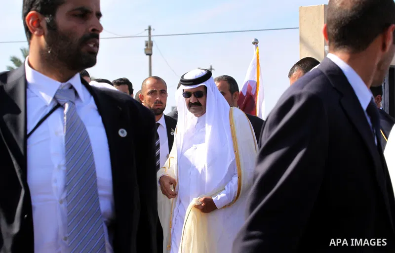Palestinian Prime Minister in Gaza strip, Ismail Haniyeh and the Emir of Qatar Sheikh Hamad bin Khalifa al-Thani attend a cornerstone laying ceremony for rehabilitation Salah al-Din street in the central Gaza Strip Octob...