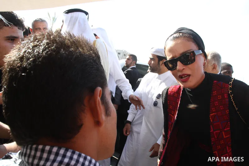 Palestinian Prime Minister in Gaza strip, Ismail Haniyeh, the Emir of Qatar Sheikh Hamad bin Khalifa al-Thani and Qatar's First Lady Sheikha Mozah bint Nasser al-Missned attend a cornerstone laying ceremony for a hospita...