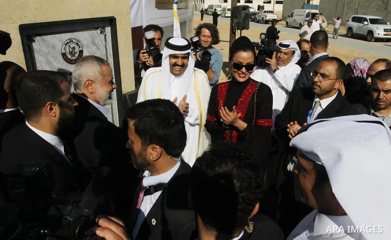 Palestinian Prime Minister in Gaza strip, Ismail Haniyeh, the Emir of Qatar Sheikh Hamad bin Khalifa al-Thani and Qatar's First Lady Sheikha Mozah bint Nasser al-Missned attend a cornerstone laying ceremony for a hospita...