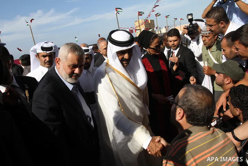 Palestinian Prime Minister in Gaza strip, Ismail Haniyeh, the Emir of Qatar Sheikh Hamad bin Khalifa al-Thani and Qatar's First Lady Sheikha Mozah bint Nasser al-Missned attend a cornerstone laying ceremony for a hospita...