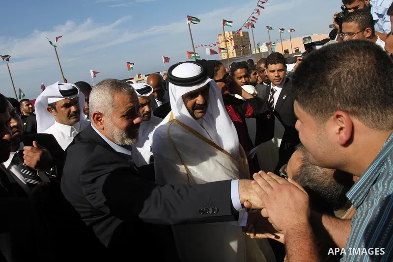 Palestinian Prime Minister in Gaza strip, Ismail Haniyeh, the Emir of Qatar Sheikh Hamad bin Khalifa al-Thani and Qatar's First Lady Sheikha Mozah bint Nasser al-Missned attend a cornerstone laying ceremony for a hospita...