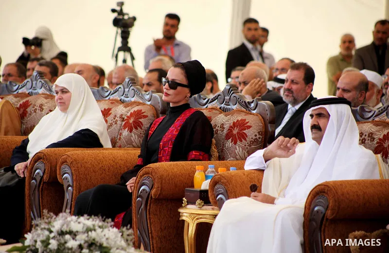 The Emir of Qatar Sheikh Hamad bin Khalifa al-Thani and his wife Sheikha Mozah bint Nasser al-Missned attend cornerstone laying ceremony for Hamad, a new residential neighbourhood in Khan Younis in the southern Gaza Stri...