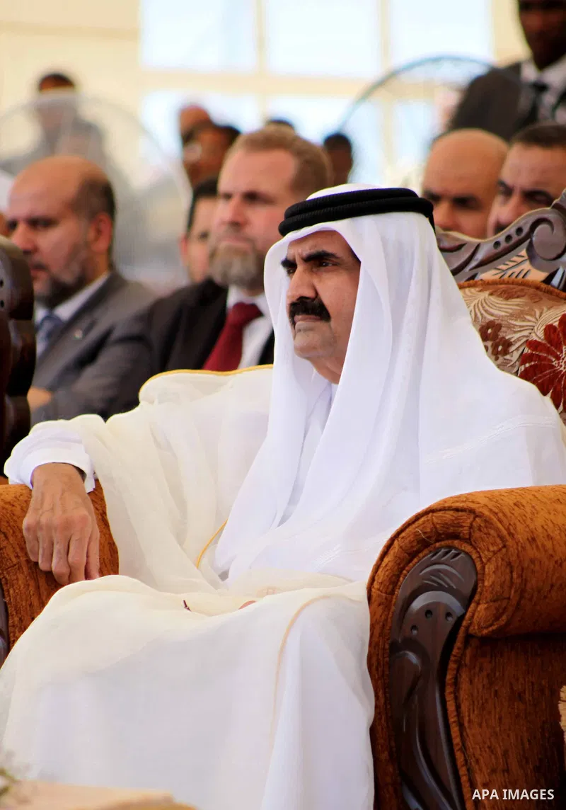 The Emir of Qatar Sheikh Hamad bin Khalifa al-Thani and his wife Sheikha Mozah bint Nasser al-Missned attend cornerstone laying ceremony for Hamad, a new residential neighbourhood in Khan Younis in the southern Gaza Stri...