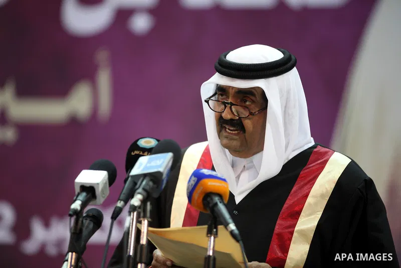 Qatari Emir Sheikh Hamad bin Khalifa al-Thani speaks during a celebration at the Islamic University in Gaza city on October 23, 2012. The Emir of Qatar entered the Gaza Strip on Tuesday for a visit that broke the isolati...