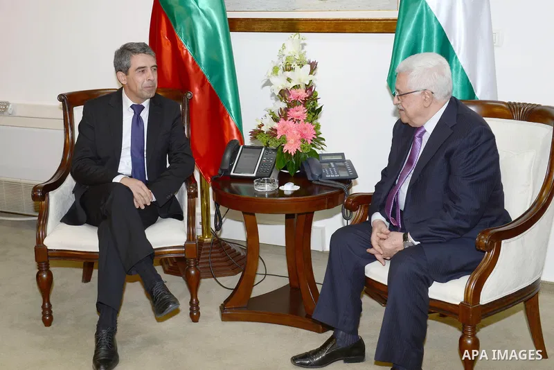 Palestinian president Mahmud Abbas (R) and Bulgarian President Rosen Plevneliev meet in the West Bank city of Ramallah on October 24, 2012. Plevneliev is on an official visit to Israel and Palestinian territories. Photo...