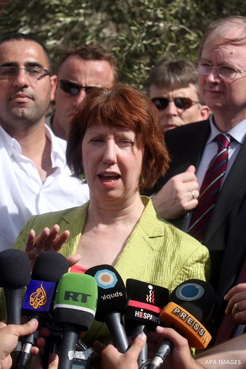 EU Foreign Policy chief Catherine Ashton speaks during her visit olive farms in the West Bank village of Ras Karkar near Ramallah, on October 25, 2012. Photo by Issam Rimawi
