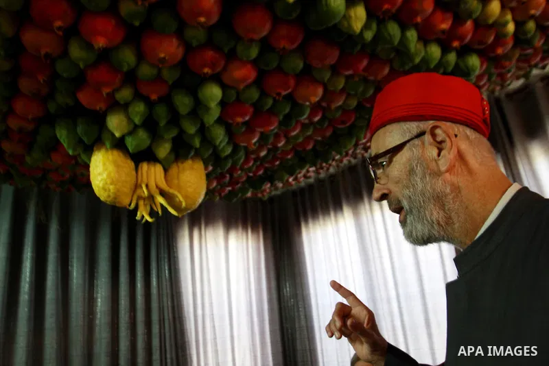 Palestinian Man from the ancient Samaritan community decorate a house, made from fresh fruit for the holy day of the Tabernacles or Sukkot in Mount Gerizim near the West Bank city of Nablus ,October 28, 2012. Photo by Ne...