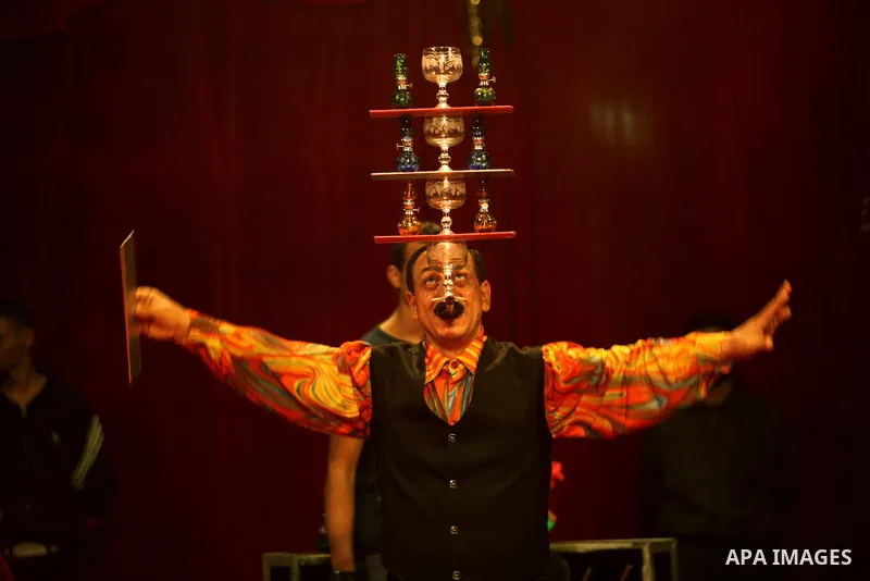 A member of the Egyptian National Circus practices in Gaza City on Oct. 30, 2012. The circus came to Gaza on Friday, accompanied by blaring music, juggling clowns and fire blowers but getting it there required its own hi...